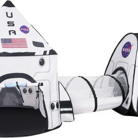 White Rocket Ship Pop up Play Tent with Tunnel and Playhouse Kids Indoor Outdoor Spaceship Tent Set Visit the JOYIN Store