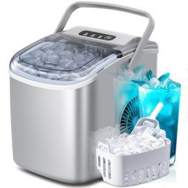 Portable Countertop Ice Maker Machine with Handle, 9 Bullet-Shaped Ice Cubes Ready in 6 Mins, 26Lbs/24H, Self-Cleaning Function with Ice Scoop and Basket for Home/Kitchen/Party (Grey) : Appliances