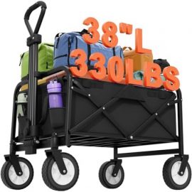 PayLessHere | Collapsible Wagon Cart with Wheels | Black | Heavy Duty Foldable Utility Cart with 330 lb Capacity | with All-Terrain Wheels & Adjustable Handle for Outdoor, Garden, Beach, Shopping : Patio, Lawn & Garden