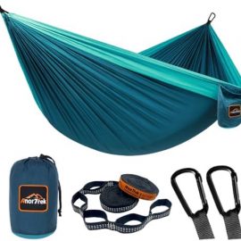 AnorTrek Camping Hammock, Super Lightweight Portable Parachute Hammock with Two Tree Straps Single or Double Nylon Travel Tree Hammocks for Camping Backpacking Hiking Blue&Dark Blue : Sports & Outdoors