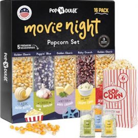 Pop n' Dulge Popcorn Movie Night Supplies 16 pcs Gift Set, 5 Gourmet Popcorn Kernels, 5 Seasoning Variety Packs Non-GMO Kosher Snacks, Great Housewarming Family Date Night Gifts Basket Ideas For Him Her : Grocery & Gourmet Food